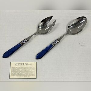 BUGATTI Stainless ALADDIN ANTIQUE 2 pc SALAD SERVER Set ITALY Blue Vietri EUC